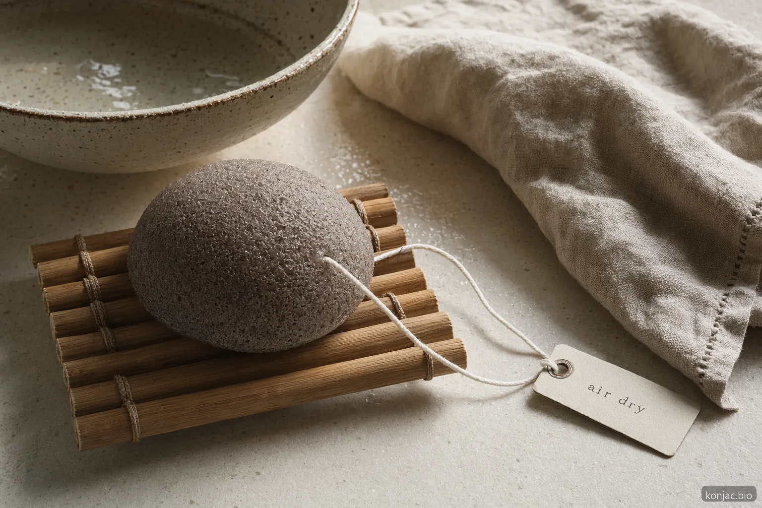 face konjac sponge air-dries on a bamboo rack; rinsing and drying help keep it fresh between uses
