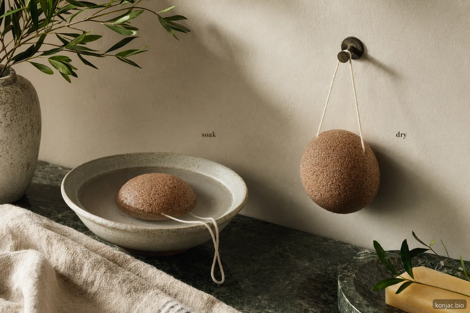 Konjac body sponge care is simple: soak fully before use, rinse well, then hang to dry between showers
