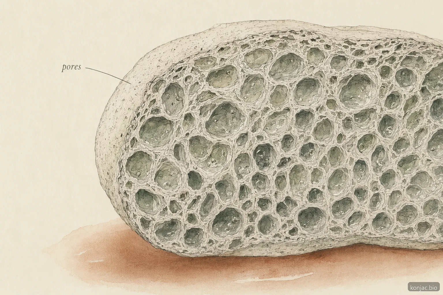konjac sponge benefits come from a water-rich porous network that cushions cleansing on sensitive skin