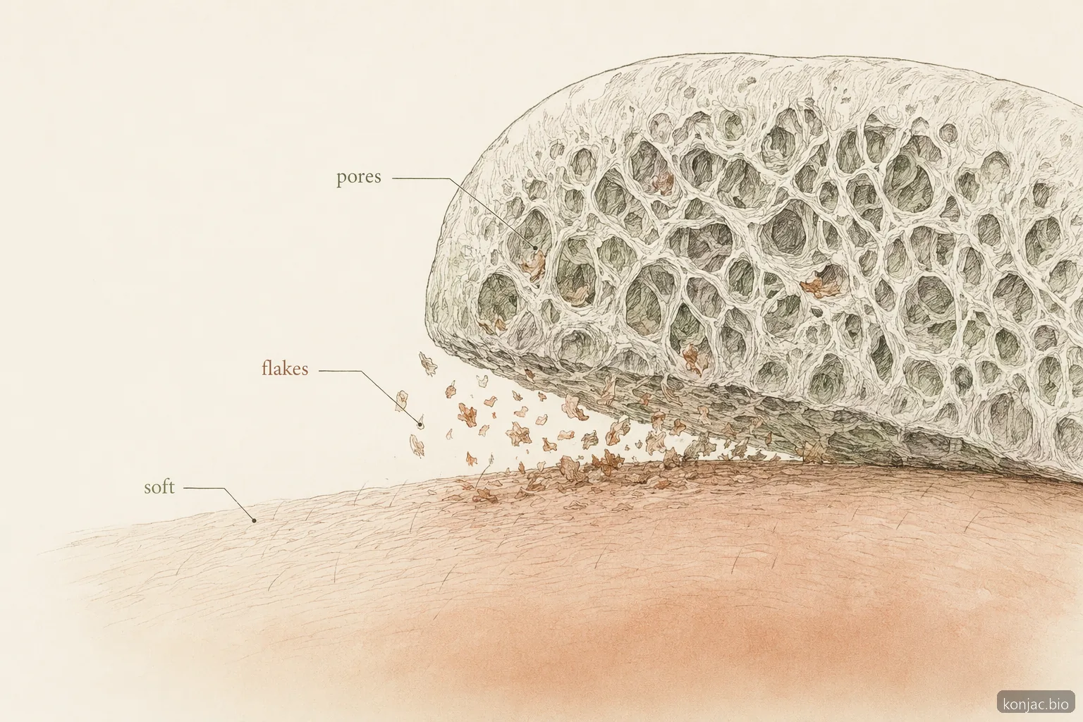konjac sponge exfoliate action: a soft porous sponge lifts loose surface flakes without gritty scrub particles
