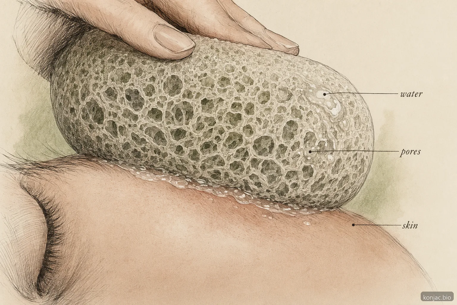 Konjac sponges for face use a swollen porous network that flexes on skin to lift residue without scratchy grit
