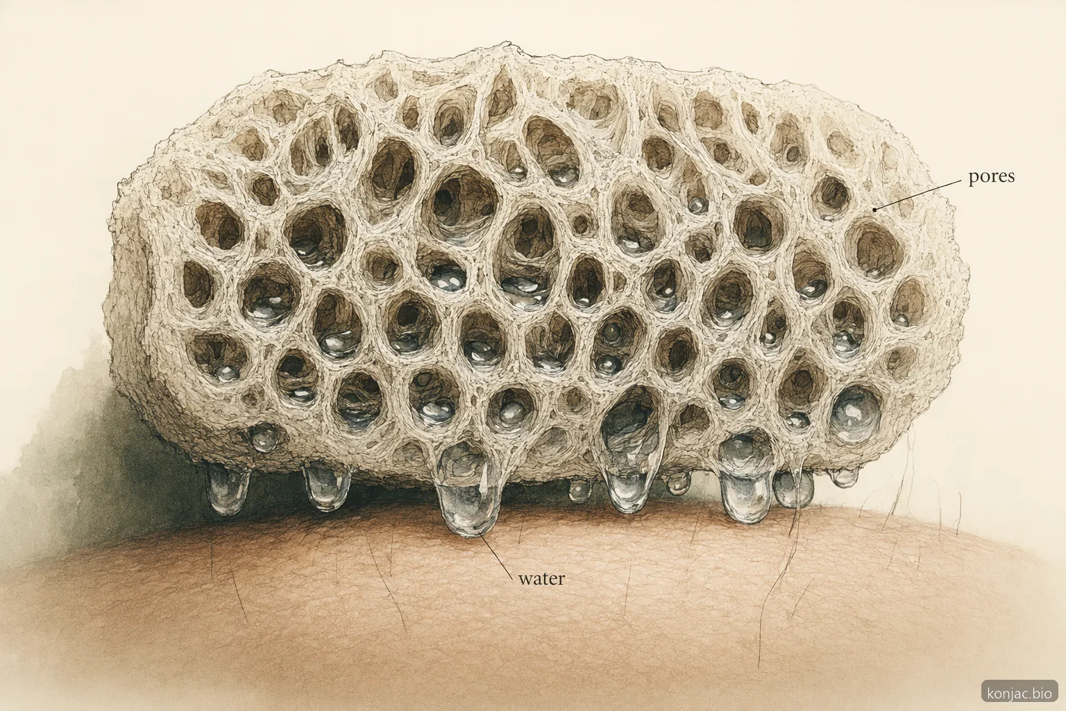 what are konjac sponges pore diagram: hydrated glucomannan fibers hold water and glide softly over skin