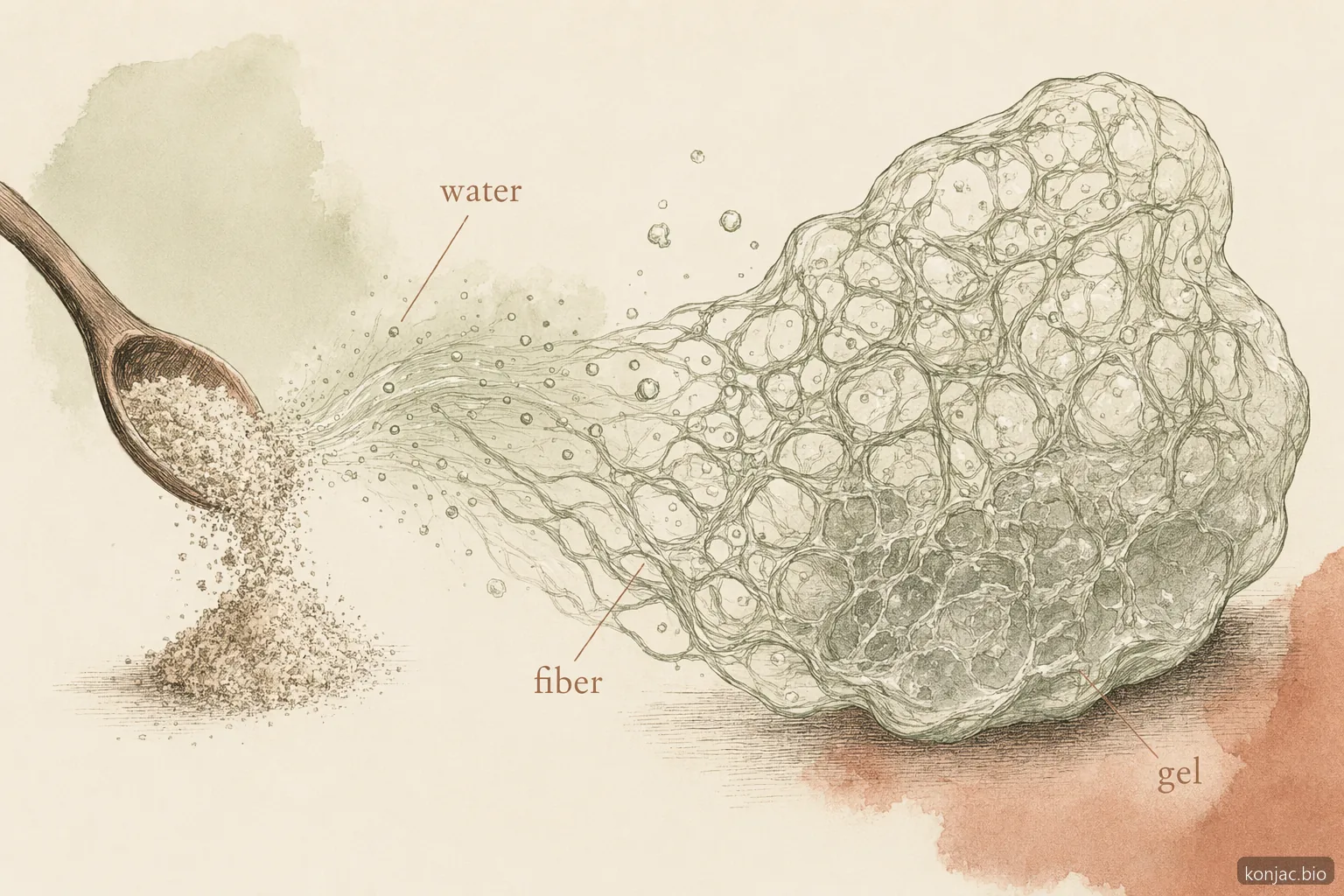what is konjac flour does in water: glucomannan fiber hydrates, thickens, and forms a gel network