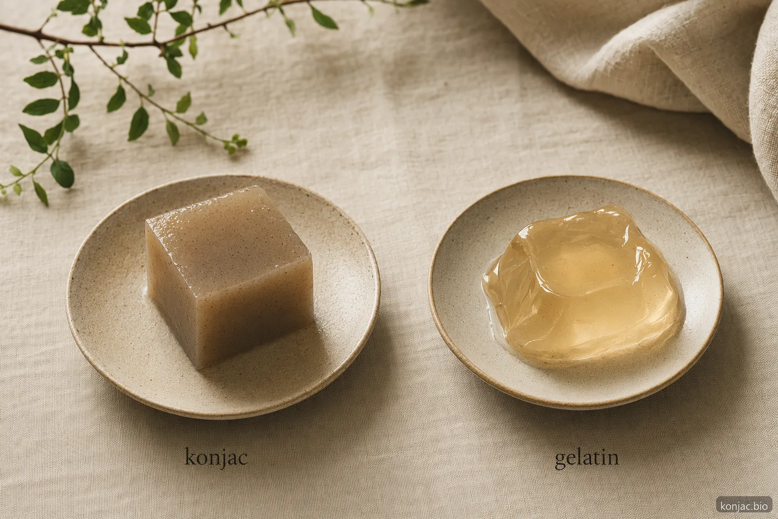 what is konjac jelly compared with gelatin: konjac holds a springier bite while gelatin sets softer and more delicate