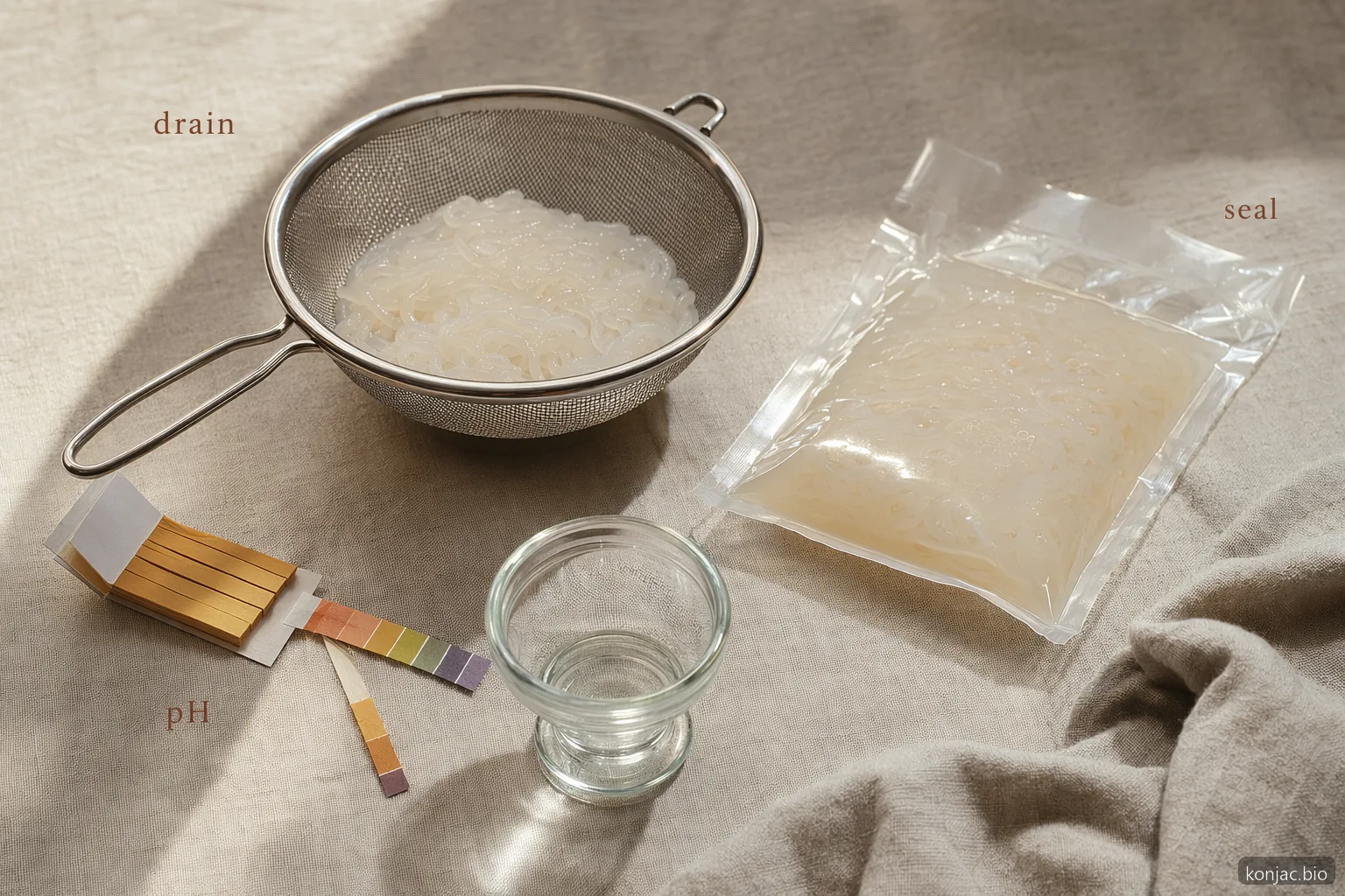 Bulk shirataki specs should verify drained weight, pH control, odor, seal quality, and pack integrity before orders.