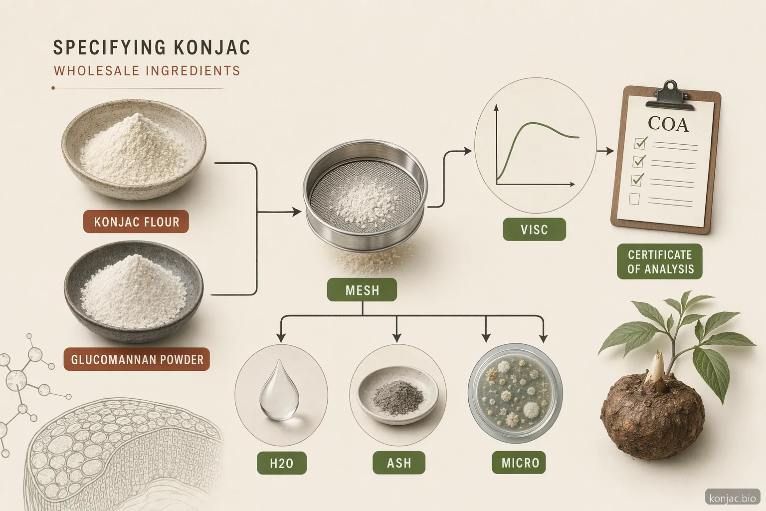 konjac wholesale specs diagram shows viscosity, mesh, moisture, ash, microbe, and COA checks for bulk powder.