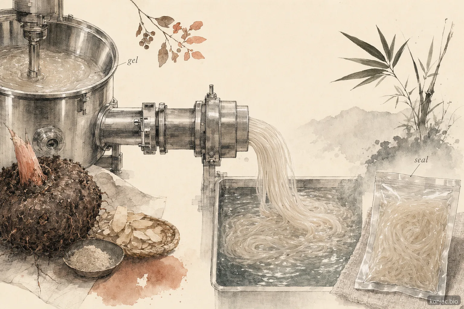 konjac noodle bulk manufacturing turns konjac gel into extruded strands that cool in water before pouch sealing