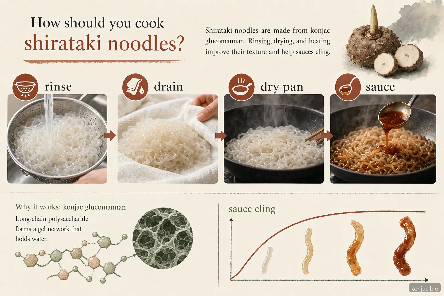 shirataki noodles cooking guide shows rinse, drain, dry-pan heating, and sauce coating for better texture