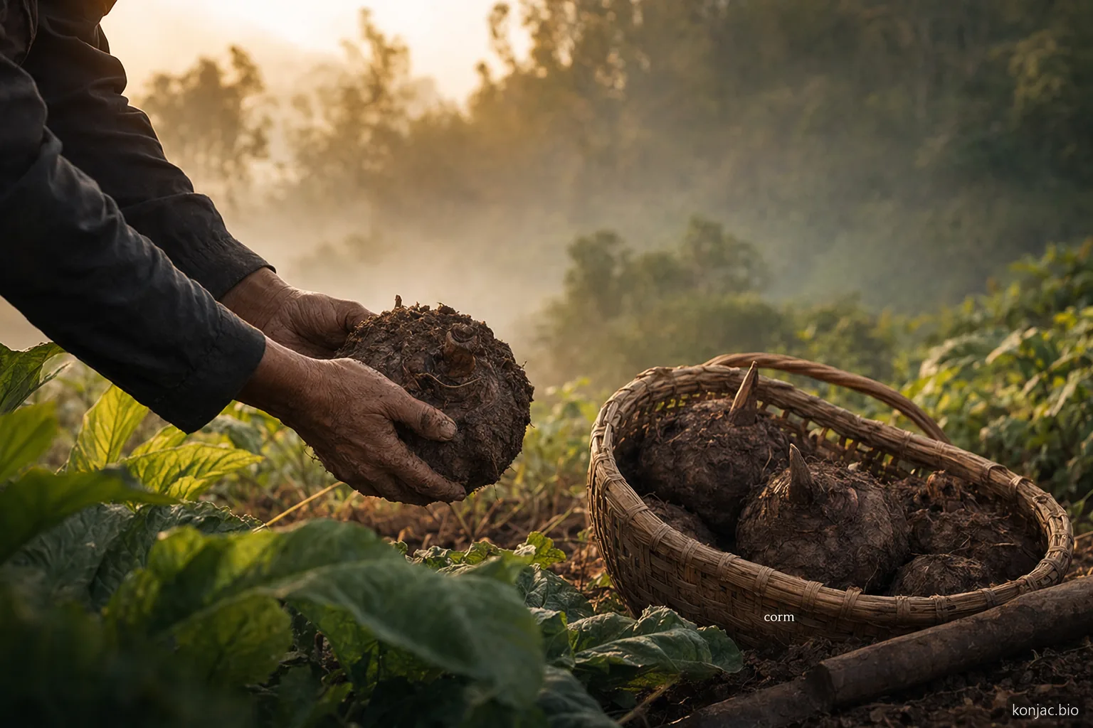 shirataki noodles trace back to konjac corms harvested from leafy fields before processing into pasta.