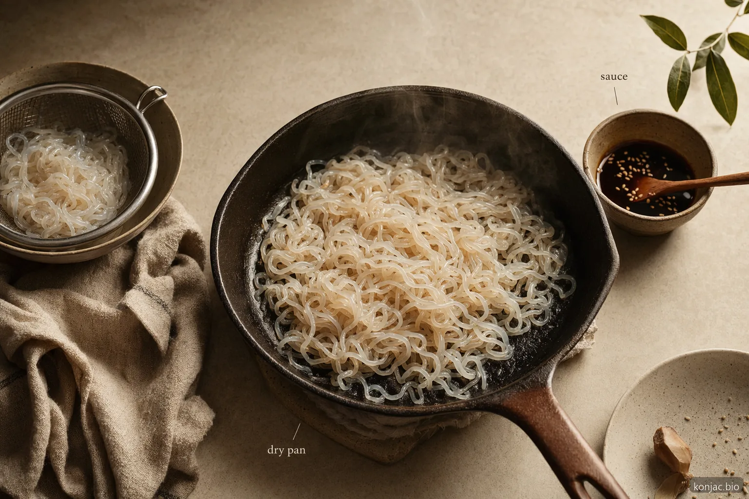 miracle noodles taste better after rinsing and dry-sautéing, which helps sauce cling without excess water