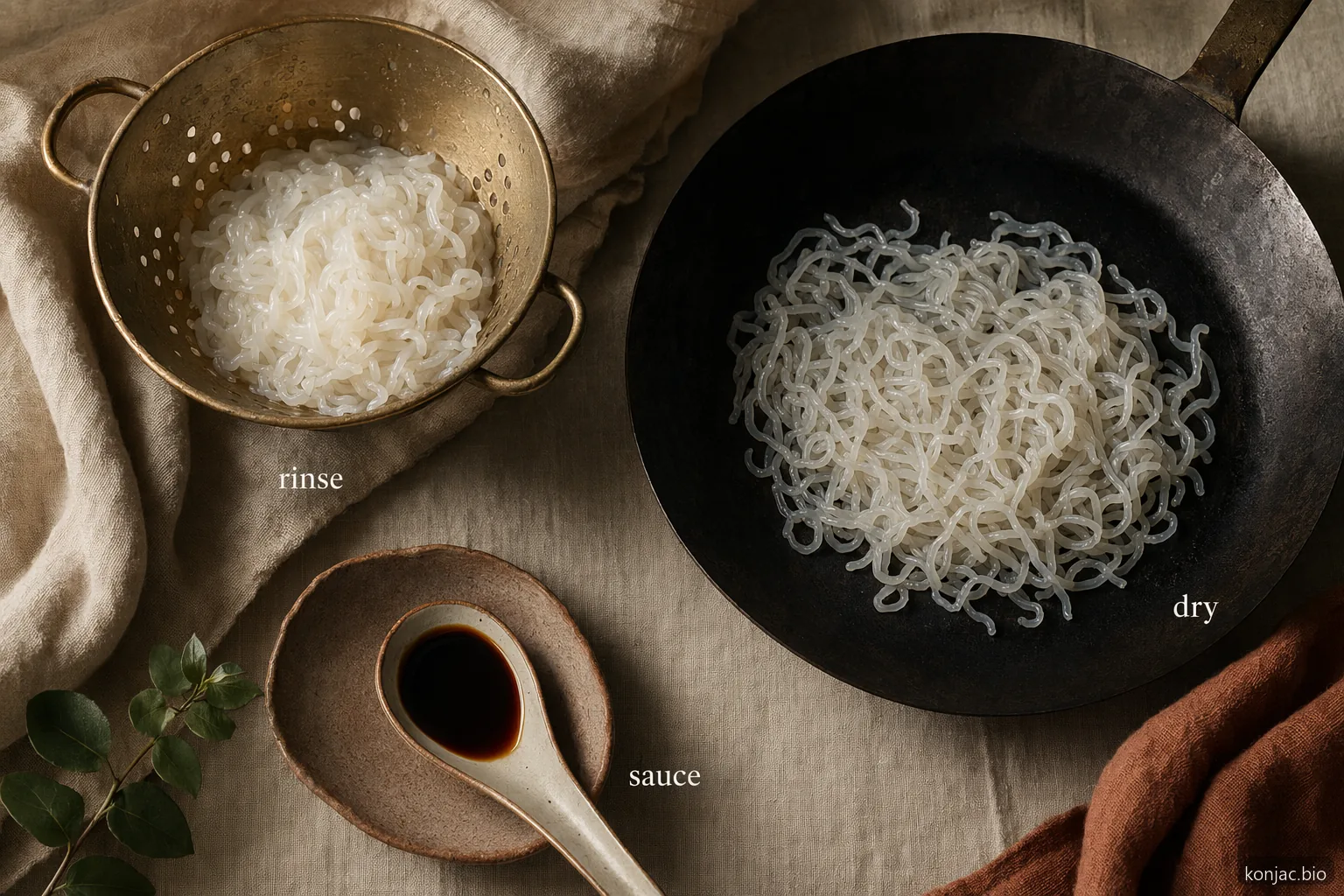 Noodles that are low carb taste better when shirataki are rinsed, dried in a skillet, then coated with sauce.