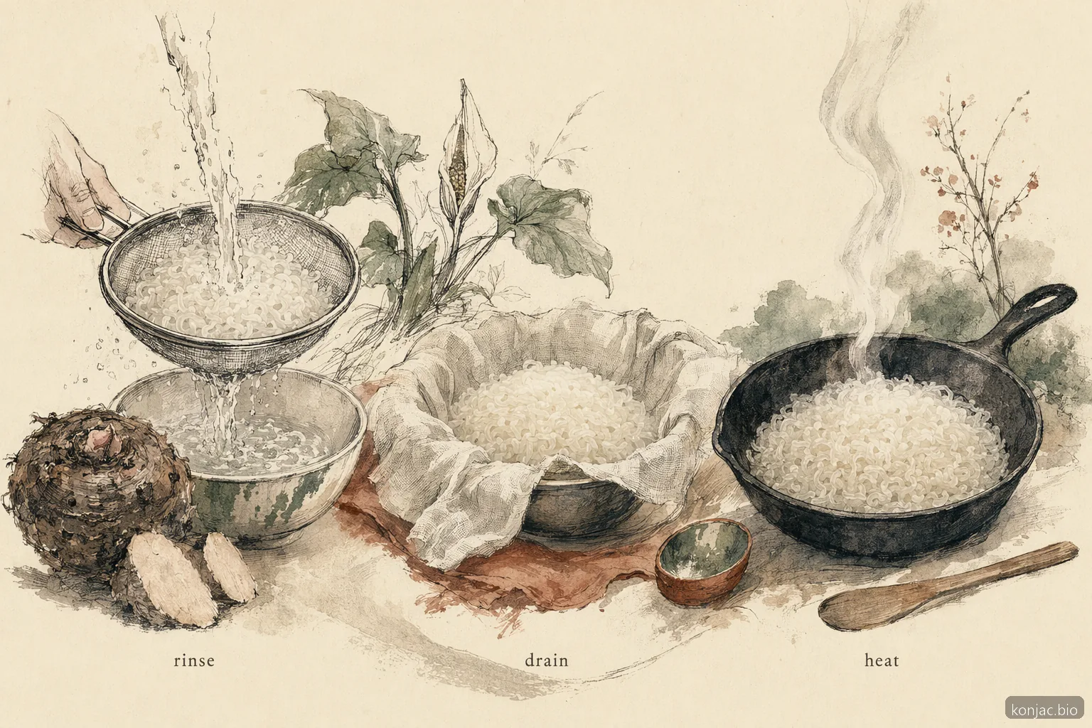 Shirataki noodle rice tastes more neutral after rinsing, draining, and dry-pan heating before seasoning.