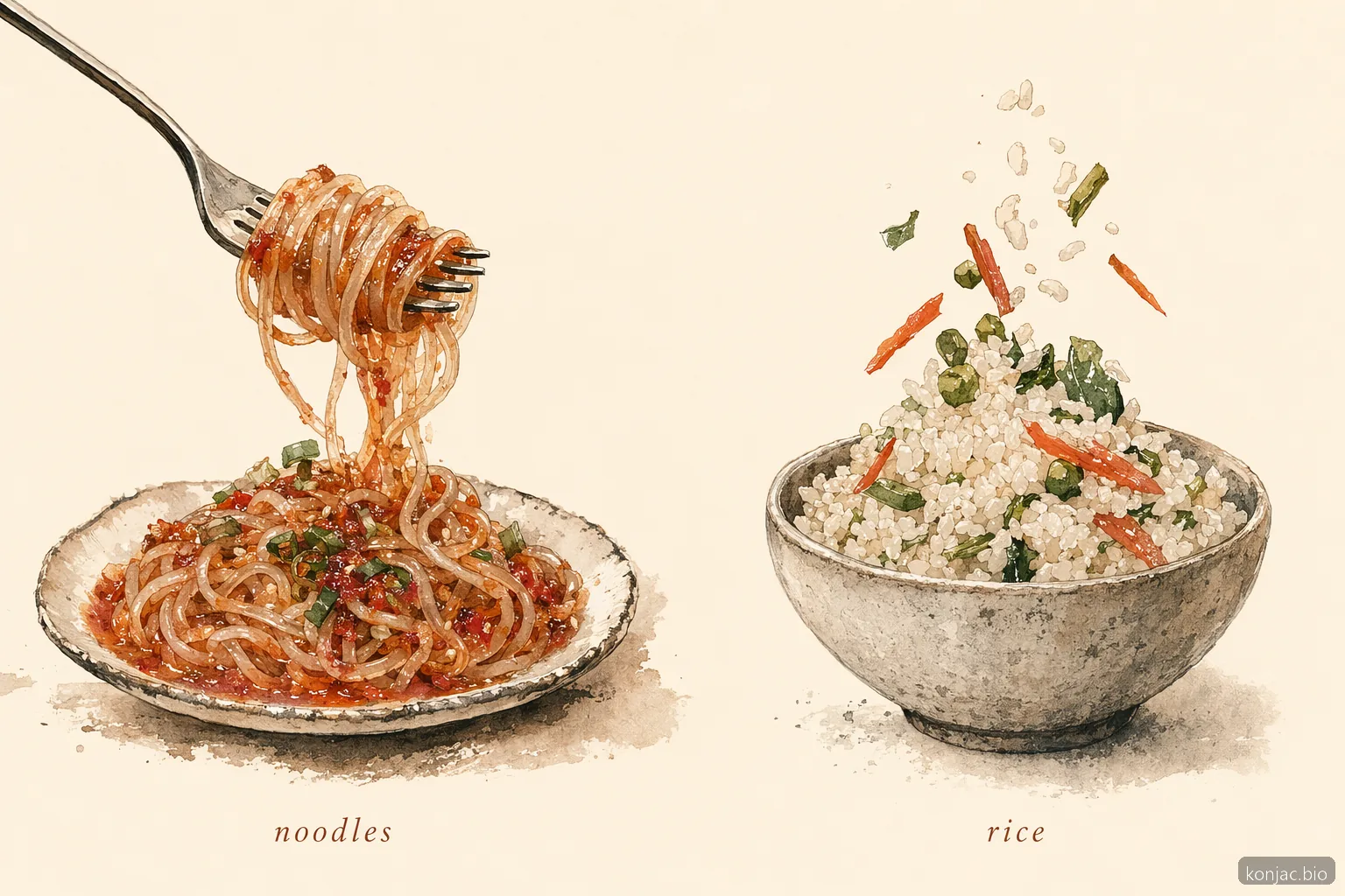 shirataki noodles and rice work differently: noodles suit sauces and soups, while rice fits bowls and mixed plates
