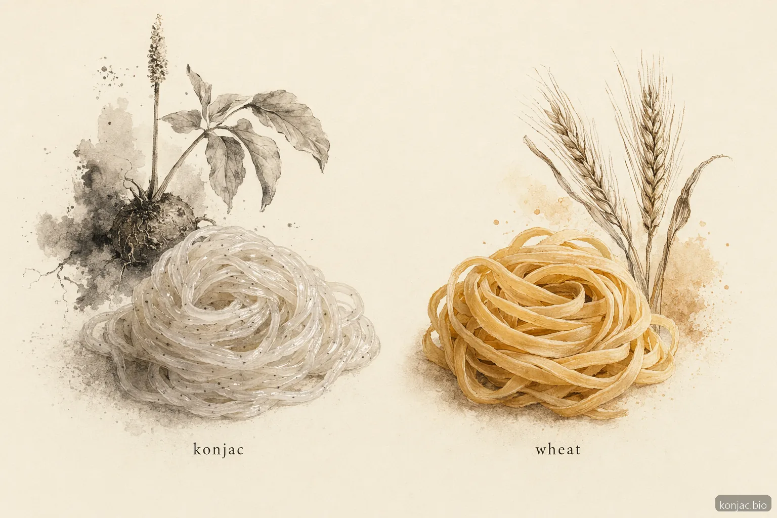 Shirataki pasta noodles are water-rich konjac strands, while wheat pasta is starch-dense and more filling.