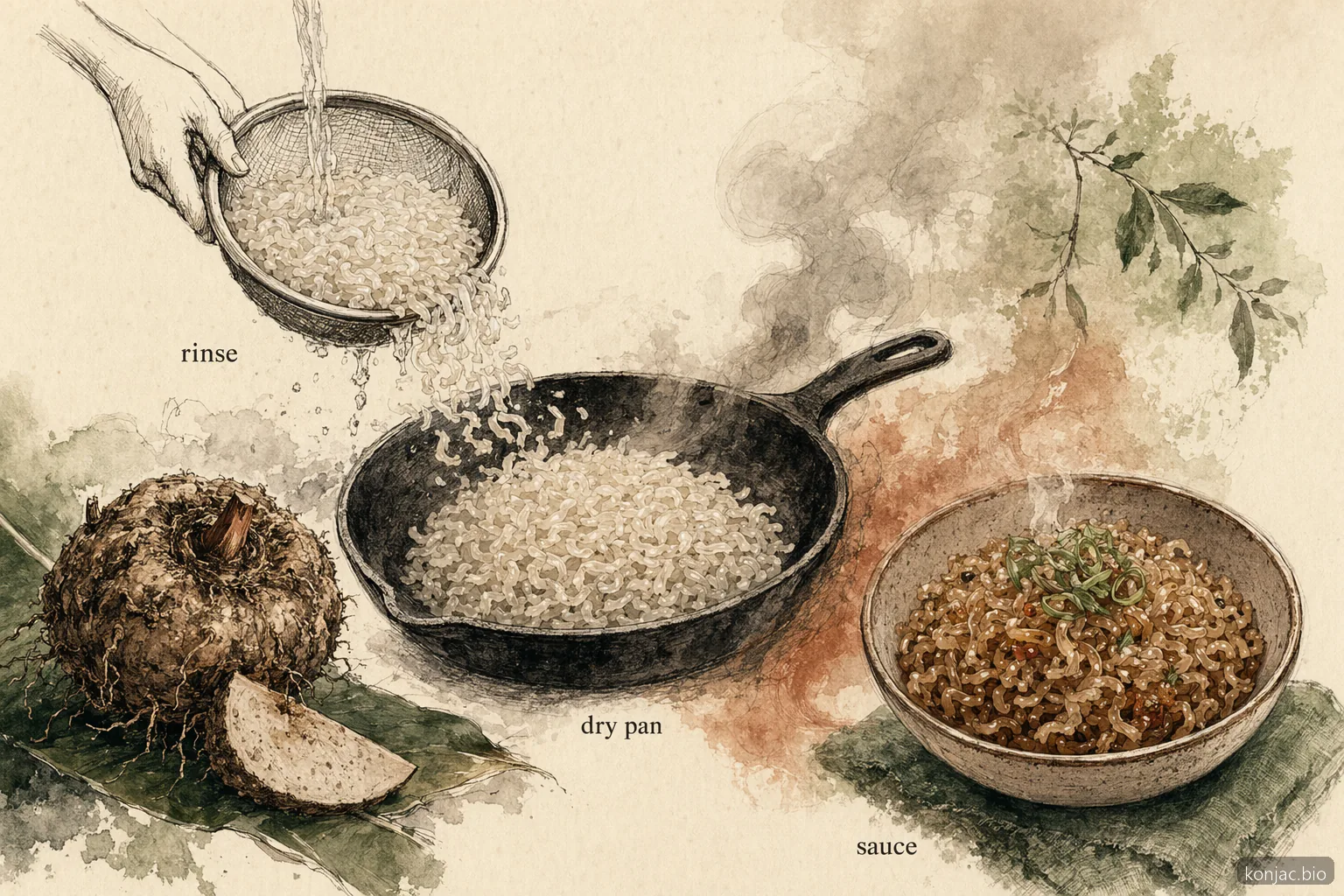 Shirataki rice cooking works best when rinsed, dry-heated in a pan, then finished with sauce.