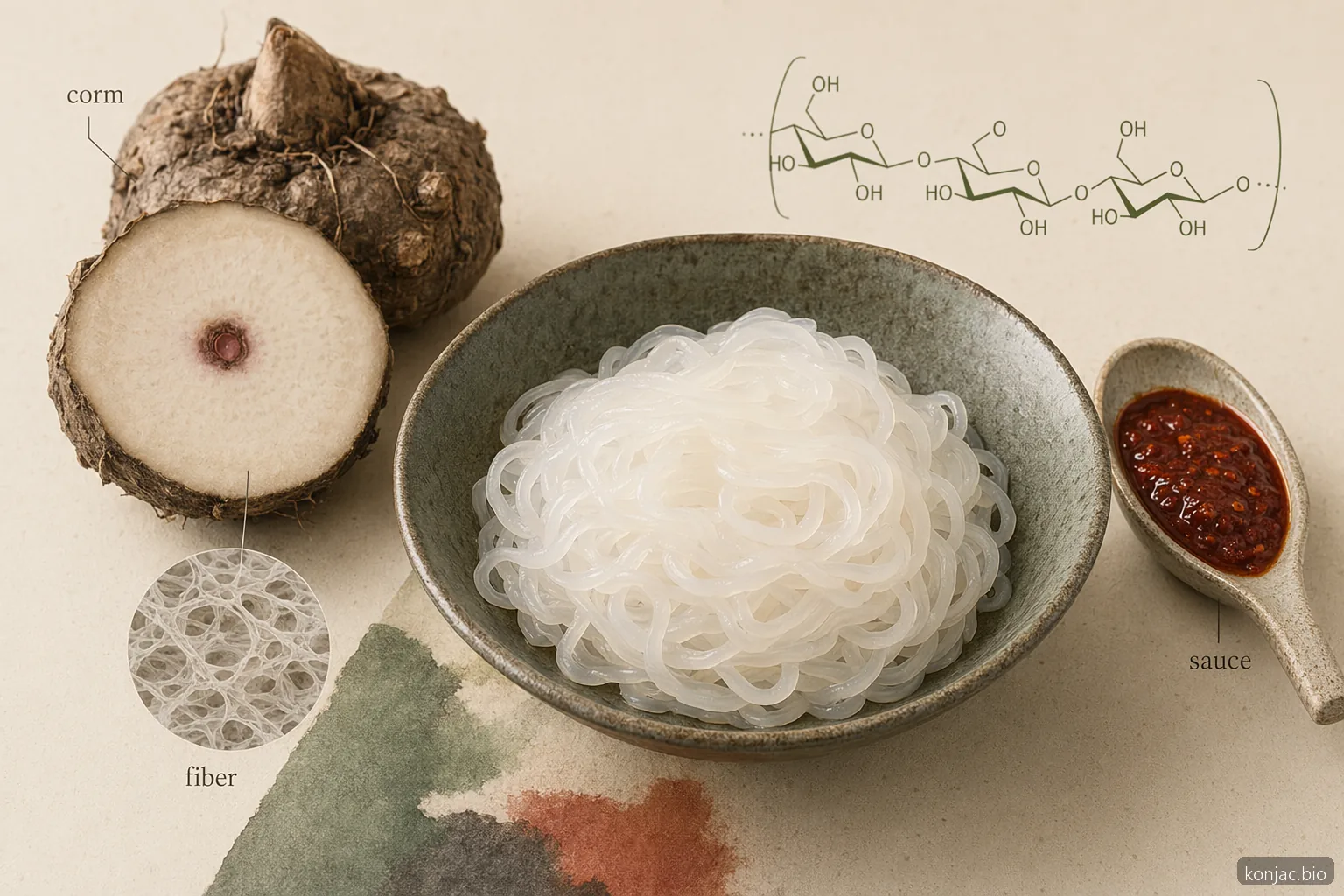 shirataki noodles still life with konjac corm, glucomannan cue, and sauce-ready translucent pasta strands